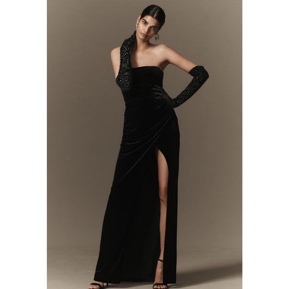 NWT BHLDN Luella Strapless Side Slit Black Stretch Velvet Maxi Dress Size Medium - Picture 1 of 11
